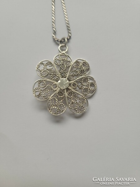 Antique filigree silver flower motif openwork pendant with silver chain!