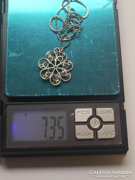 Antique filigree silver flower motif openwork pendant with silver chain!