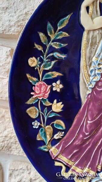 Huge antique majolica-faience wall with beautiful flowers in the middle of the table! Greek goddesses! Rarity!