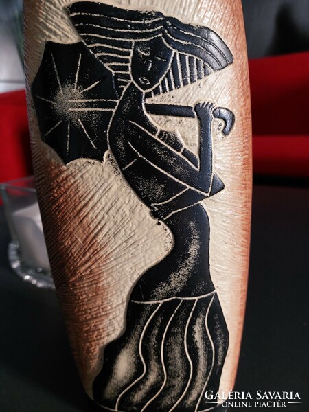 Ceramic vase, woman with parasol