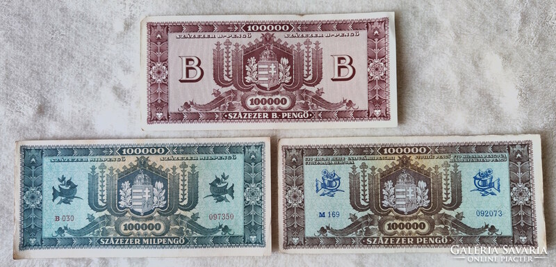 Pengő-milpengő-bilpengő sor: 100 ezer (EF-VF) | 3 darab bankjegy