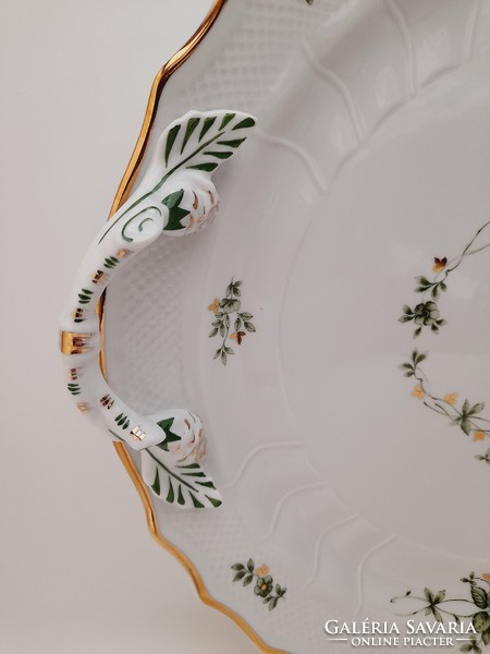 Hollóházi porcelán nagyméretű Erika mintás füles tál, 34 cm