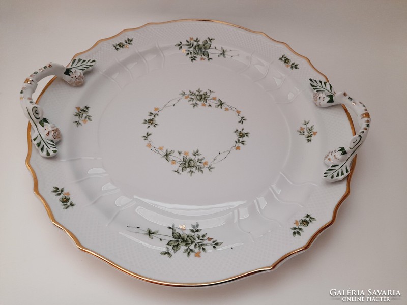 Hollóházi porcelán nagyméretű Erika mintás füles tál, 34 cm