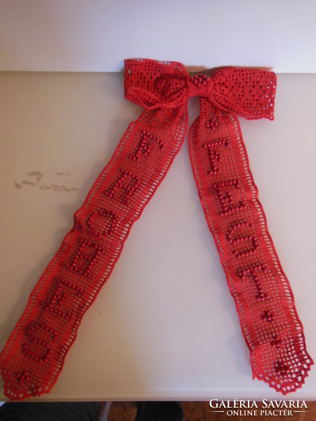 Christmas - 60 x 9 cm - hand crocheted - embroidered with pearls - ribbon - deep red - flawless