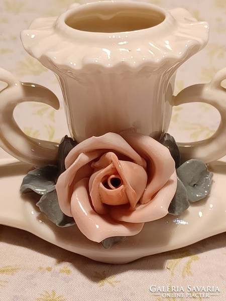 Ens German porcelain rose candle holder