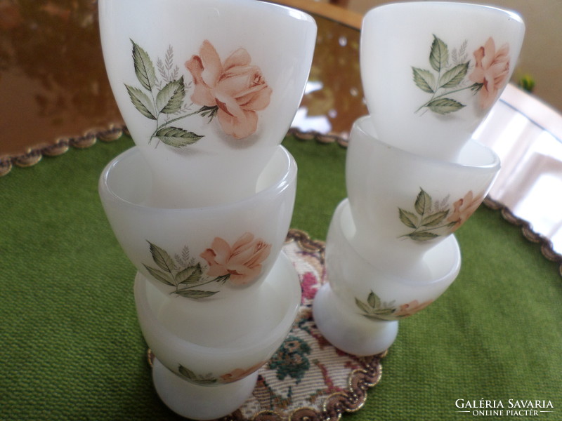 Six egg holders with a rose pattern, milk glass, Jena