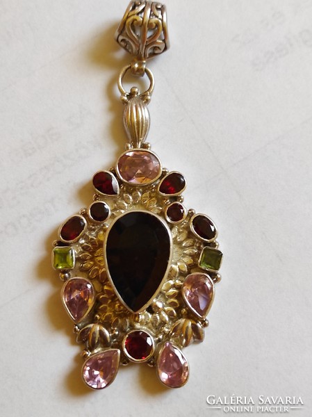 Silver large, heavy pendant with precious stones