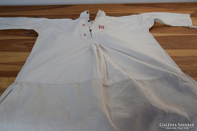Antique old linen hand-embroidered nightgown undergarment with km monogram inscription folk traditional crown