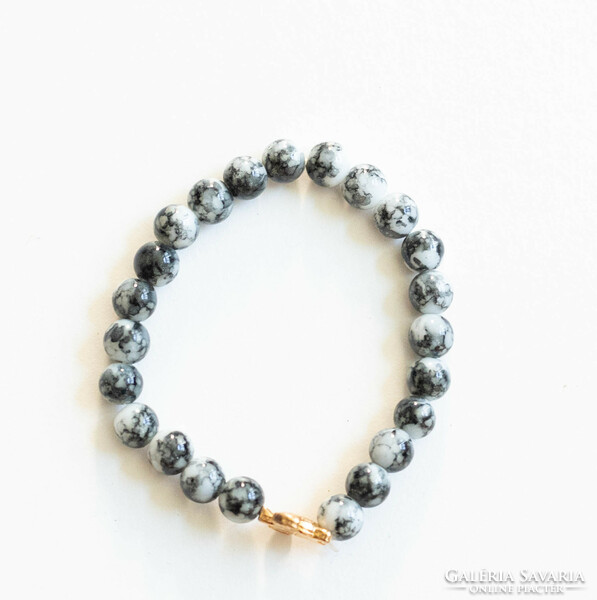 Snowflake obsidian pearl bracelet with small turtle - mineral semi-precious stone jewelry
