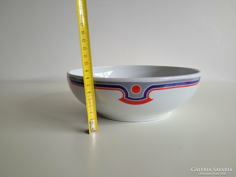 Retro Alföldi porcelán 25 cm nagy köretes kínáló tál kék piros menza mintás