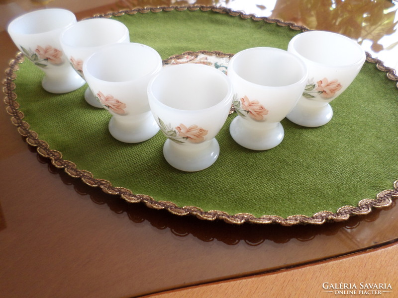 Six egg holders with a rose pattern, milk glass, Jena