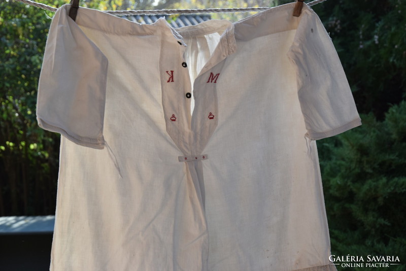 Antique old linen hand-embroidered nightgown undergarment with km monogram inscription folk traditional crown