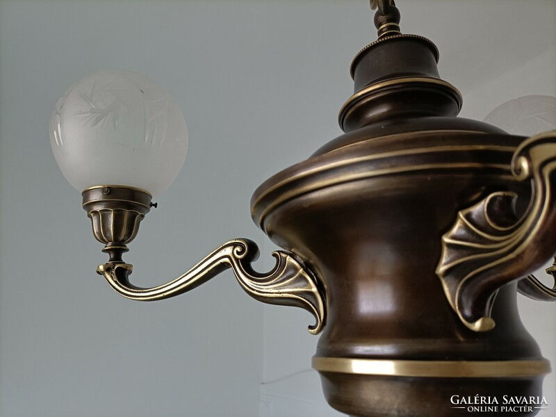 Refurbished 3-branch antique copper chandelier and lamp for sale