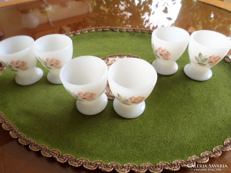 Six egg holders with a rose pattern, milk glass, Jena