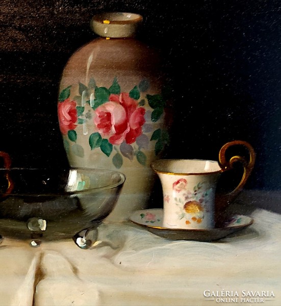 Molnár z. János: still life with porcelain vase and cup