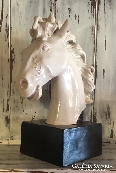 Handmade white crackle glazed ceramic horse head - marked