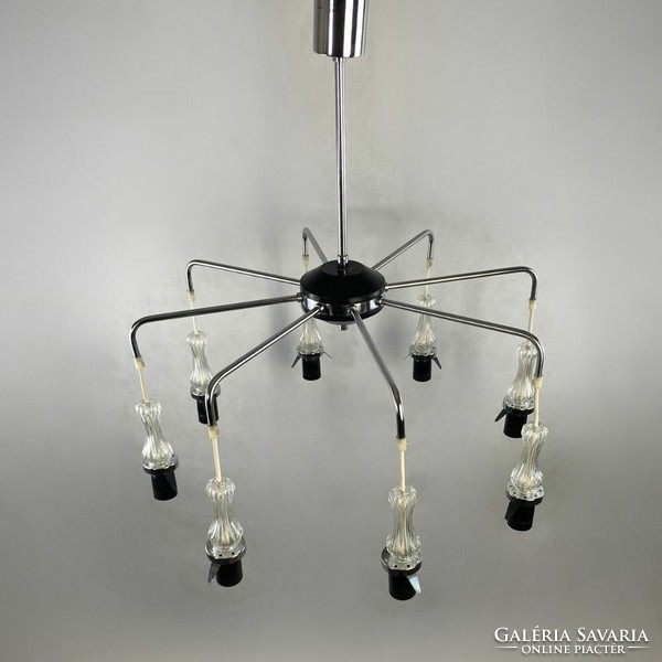 Rare large deer retro, mid glass-metal ceiling chandelier - 8 arms