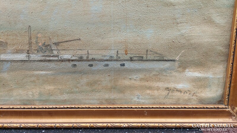 Oil-on-canvas painting of a warship with Gömör mark