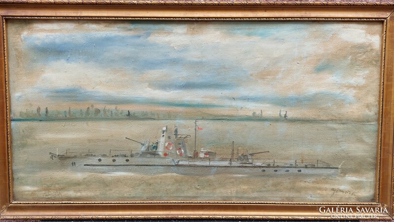 Oil-on-canvas painting of a warship with Gömör mark