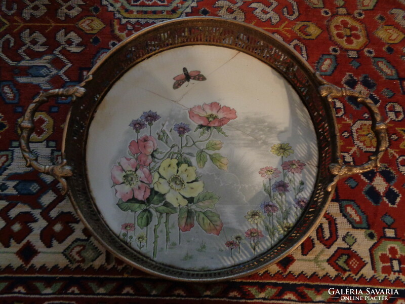 Antique faience tray with handles