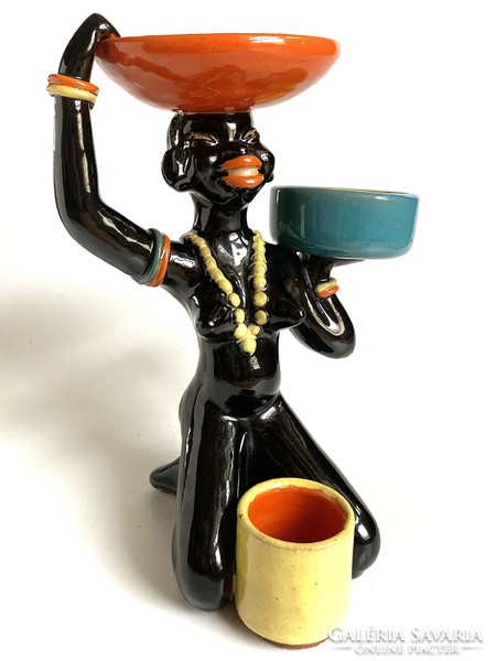 Komlós art deco kerámia - tálat tartó afrikai nő - szobor, asztaldísz