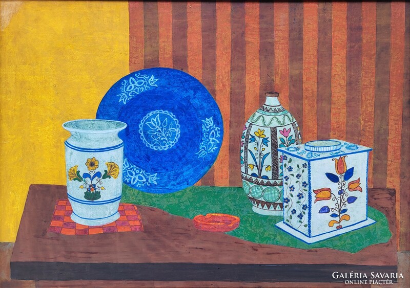 Péter Vértesi (1938-2010) still life on table c. Képcsarnokos painting with original guarantee!