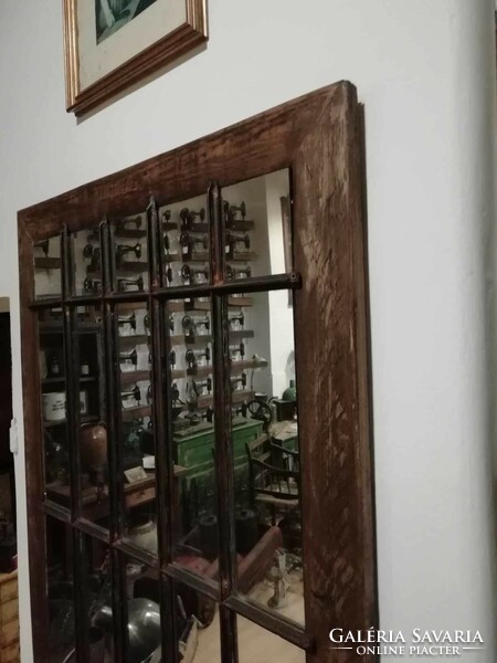 Ipari stílusú tükör, fa vintage kerettel, egyedi készítésű loft tükör, nagy méretű