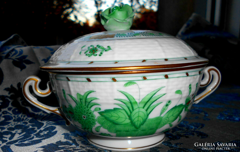 Herend Indian basket patterned soup plate with rose handle