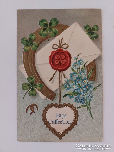 Régi képeslap 1912 dombornyomott levelezőlap patkó szív lóhere nefelejcs