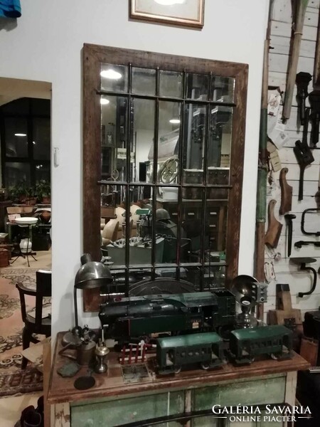 Ipari stílusú tükör, fa vintage kerettel, egyedi készítésű loft tükör, nagy méretű