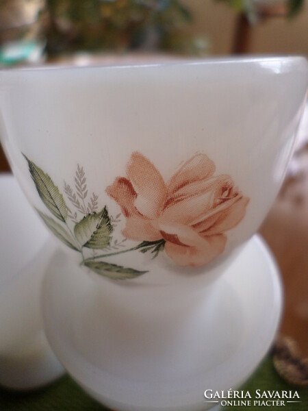 Six egg holders with a rose pattern, milk glass, Jena