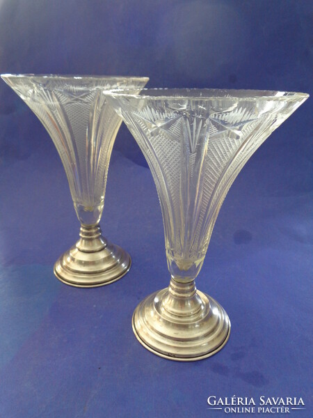 Pair of crystal vases with silver bases