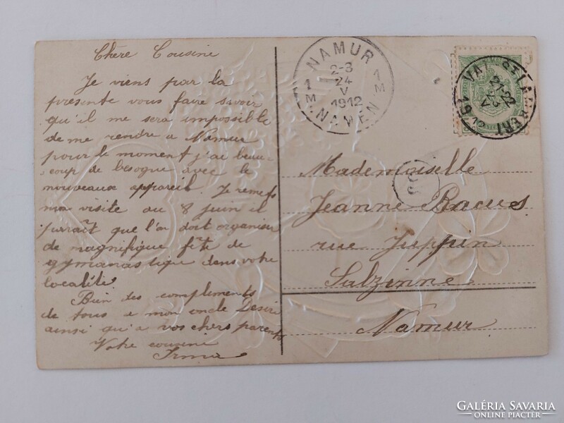 Régi képeslap 1912 dombornyomott levelezőlap patkó szív lóhere nefelejcs