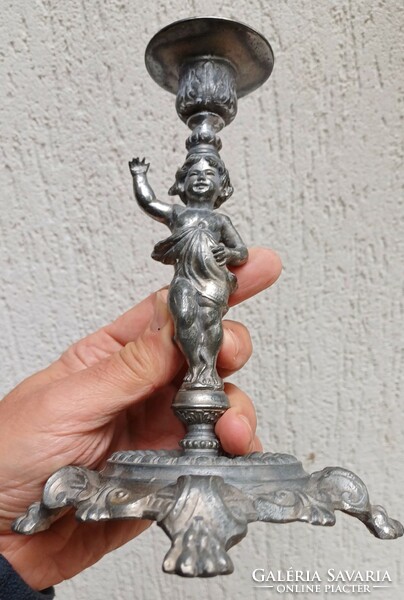 Antique candle holder figural sculpture with decorative angel face