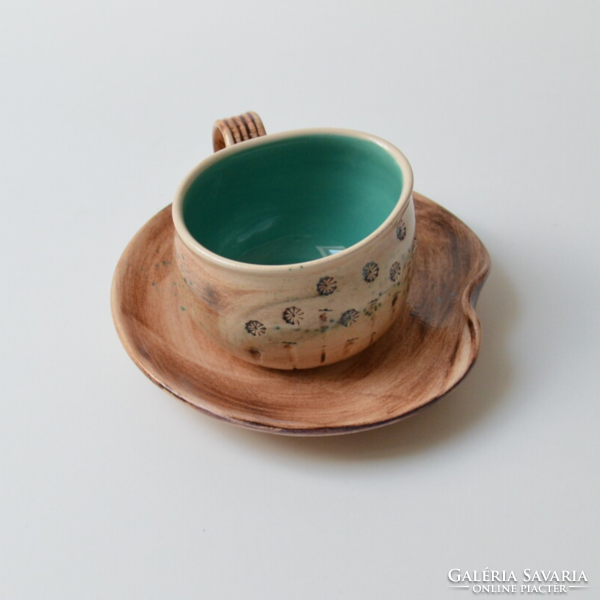 Ceramic curved mug with coaster, plant print