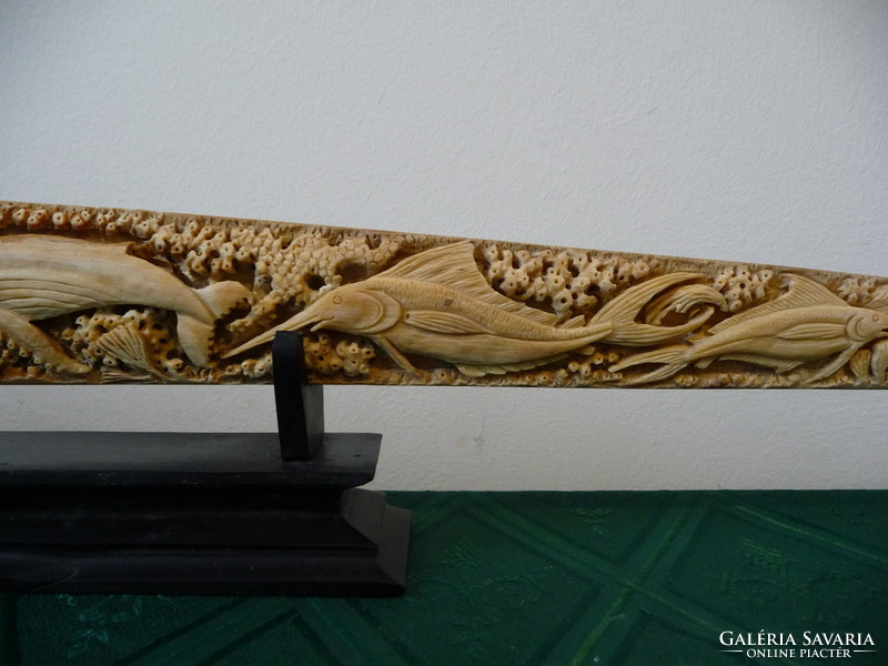 83 cm beautifully detailed carved swordfish horn with sea creatures