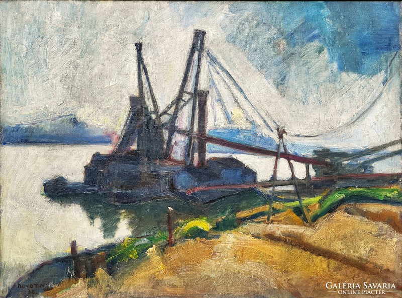 Emil róbert Novotny (1898 - 1975) loading barges on the Danube in 1932. Your painting with an original guarantee!