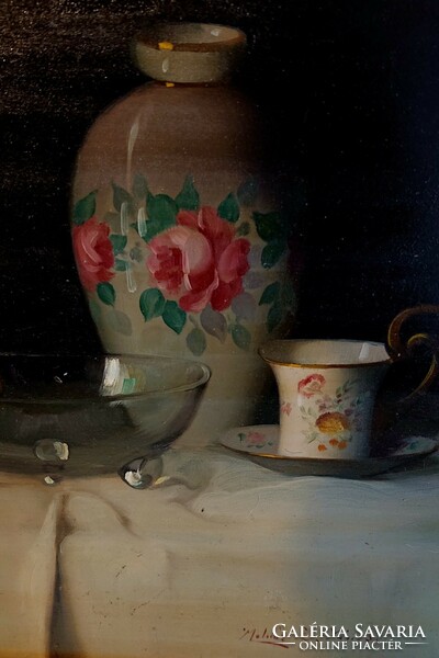 Molnár z. János: still life with porcelain vase and cup
