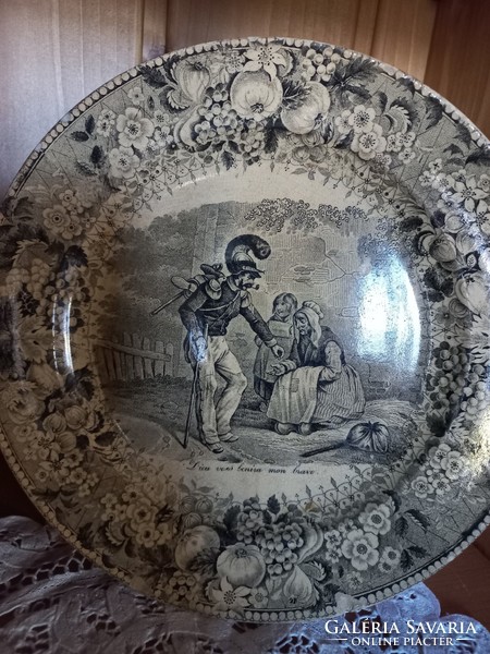 Antique, brown, patina faience plate