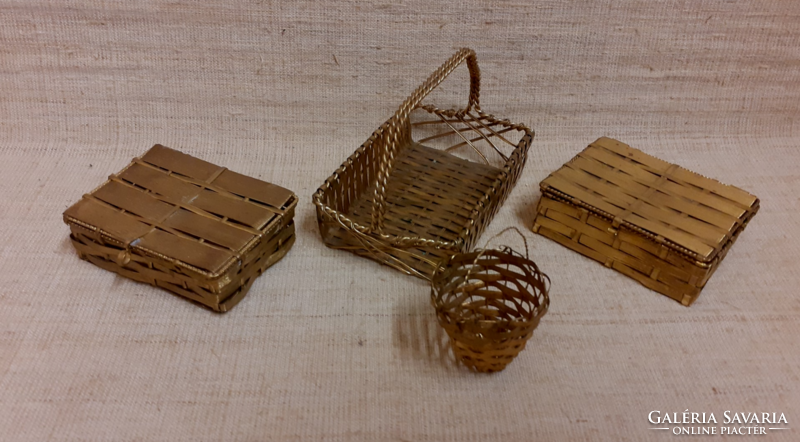 Small copper offering basket made with old handwork, two boxes with lids and a small round basket