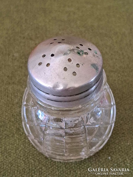 Old tiny thick glass spice salt shaker with metal cap