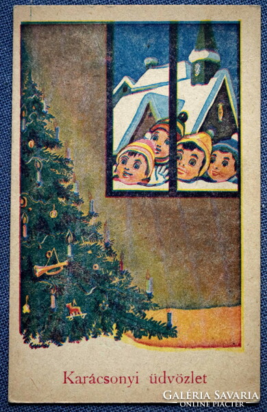 Old graphic Christmas greeting card - children, Christmas tree