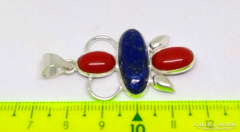 Pendant with lapis lazuli and red coral stone, silver-plated socket sa-98274