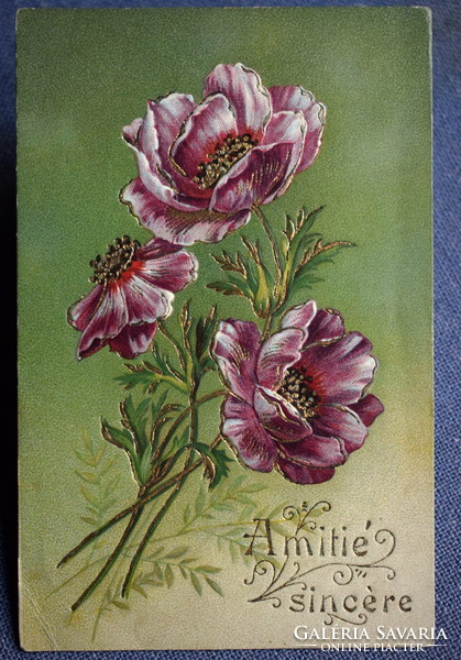 Antik dombornyomott üdvözlő képeslap - mákvirág