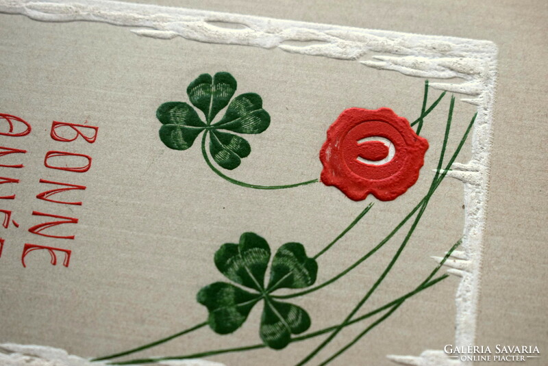 Antique embossed New Year greeting card - seal, 4-leaf clover from 1907