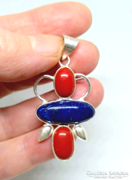 Pendant with lapis lazuli and red coral stone, silver-plated socket sa-98274
