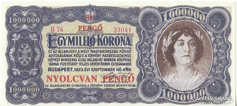 Magyarország 1000000 korona / 80 pengő REPLIKA 1923 UNC