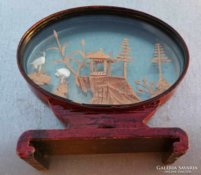 Handcrafted Chinese cork landscape - miniature carving - cranes next to pavilion