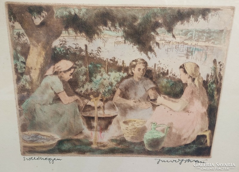 Color etching by Imre István on a vineyard