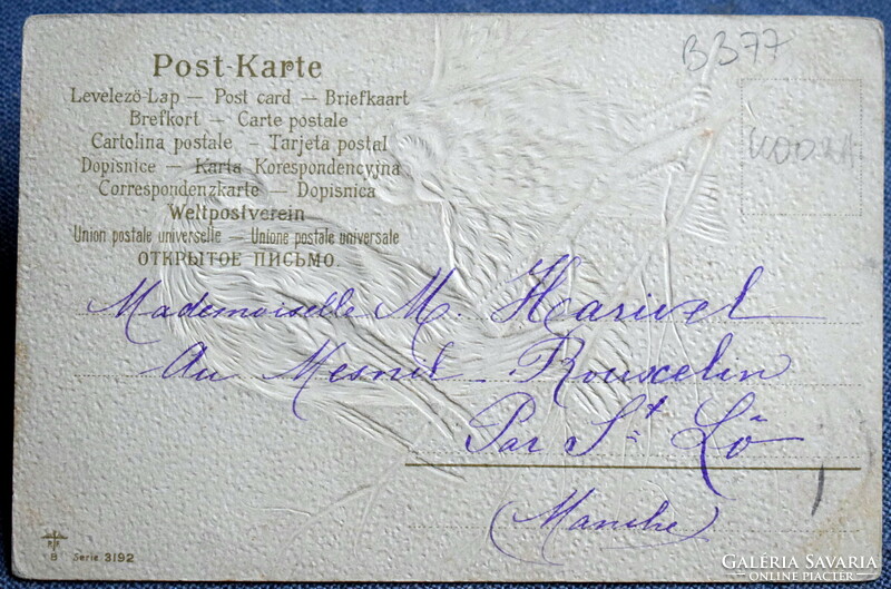 Antik dombornyomott Újévi üdvözlő képeslap - tollászkodó verebek  1908ból